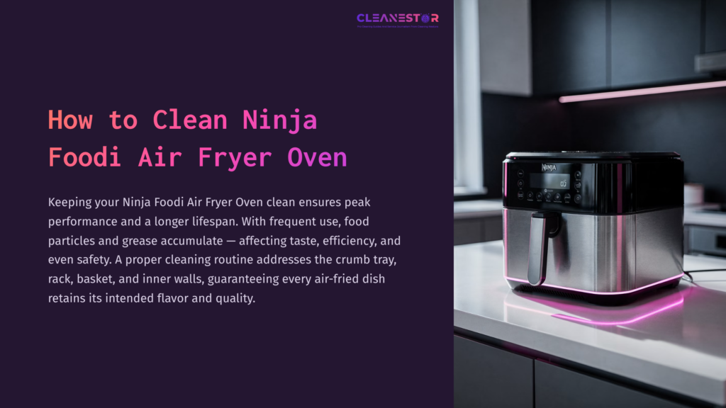 1 How To Clean Ninja Foodi Air Fryer Oven Ninja Foodi Air Fryer Oven In Black And Silver With A Digital Display, Along With Text On Cleaning Tips And Maintaining Performance.