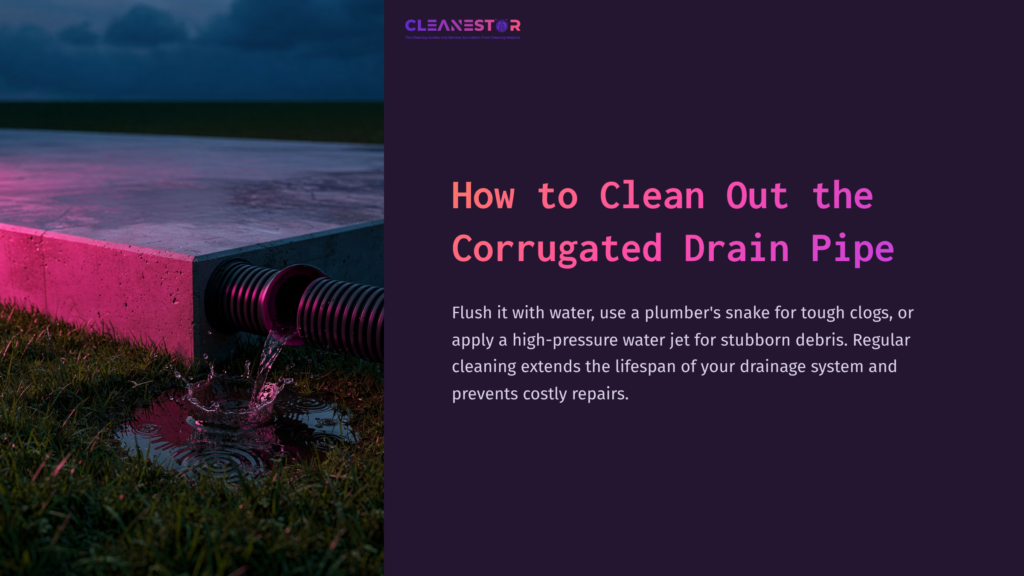 Corrugated Drain Pipe Discharging Water Beside A Concrete Slab In A Grassy Area, With A Vibrant Purple Background Highlighting Text.
