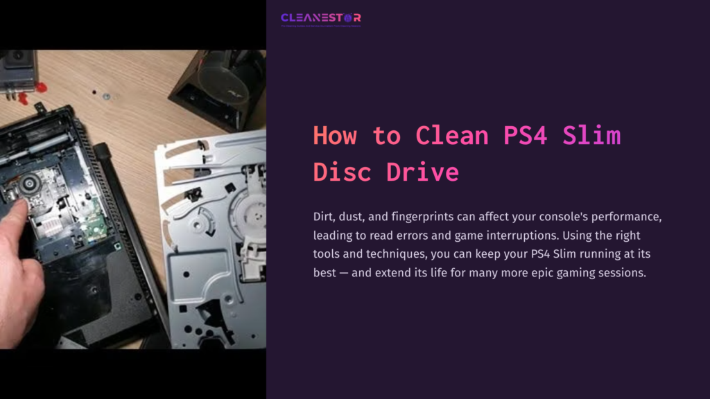 Close-Up Of A Hand Holding A Tool Over A Disassembled Ps4 Slim Disc Drive On A Wooden Surface, With A Grey Drive Component Visible.