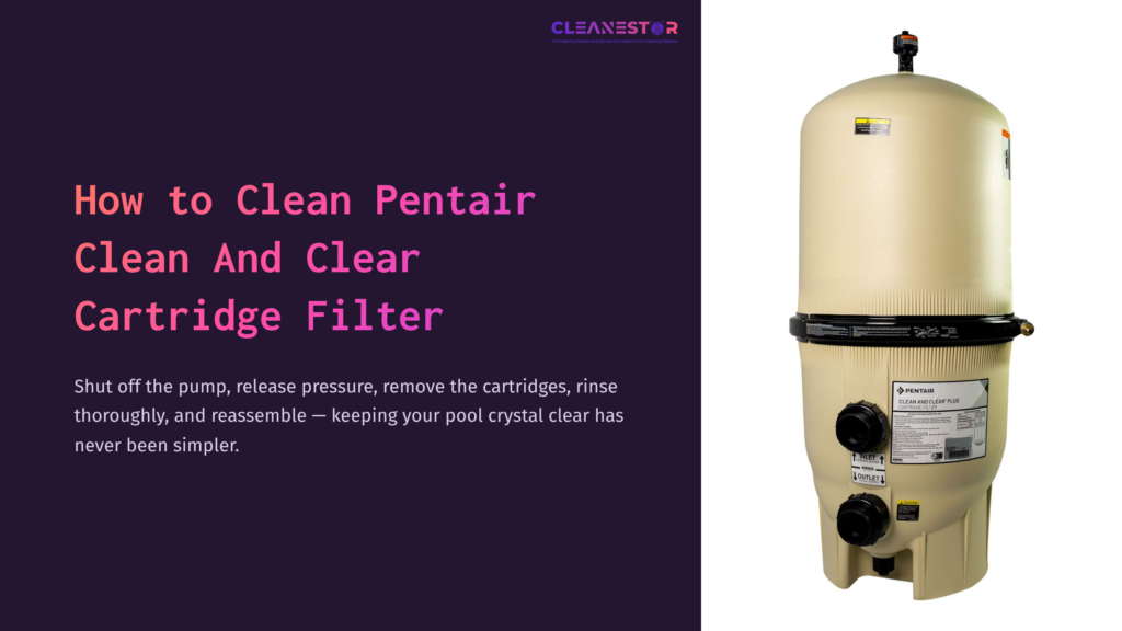 Tan Pentair Clean And Clear Cartridge Filter With Black Valves, Next To Text Instructions On Cleaning And Maintenance In Purple And White.