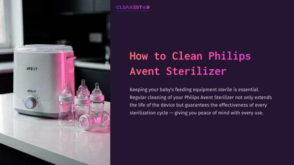 Philips Avent Sterilizer With Pink Accents Beside Several Transparent Baby Bottles On A Dark Background, Text On Cleaning Tips.