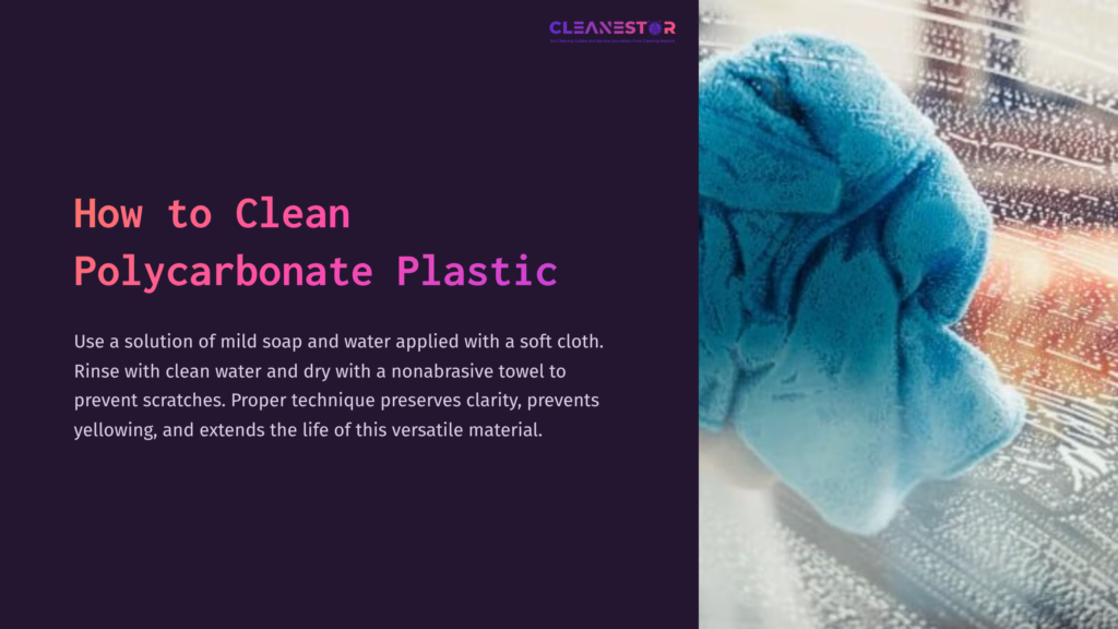 1 How To Clean Polycarbonate Plastic 1 A Blue Cloth Cleaning A Transparent Polycarbonate Surface, With Water Droplets Visible, On A Dark Purple Background.
