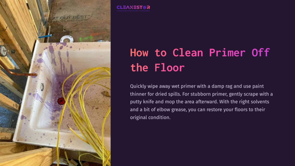 A White Sink With Purple Primer And Paint Tools, Surrounded By Yellow Cables And Splatters On A Wooden Floor.