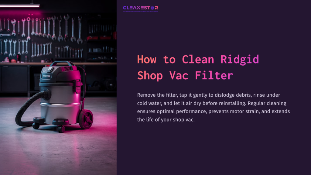 A Ridgid Shop Vacuum Is Shown In A Dimly Lit Workshop, Surrounded By Tools, With Pink And Purple Lighting Enhancing The Scene.