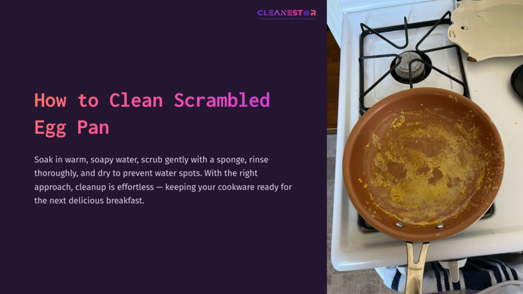 A Dirty, Brown Ceramic Frying Pan With Remnants Of Scrambled Eggs, Placed On A Stovetop Beside A Burner, Highlighted Against A Dark Background.