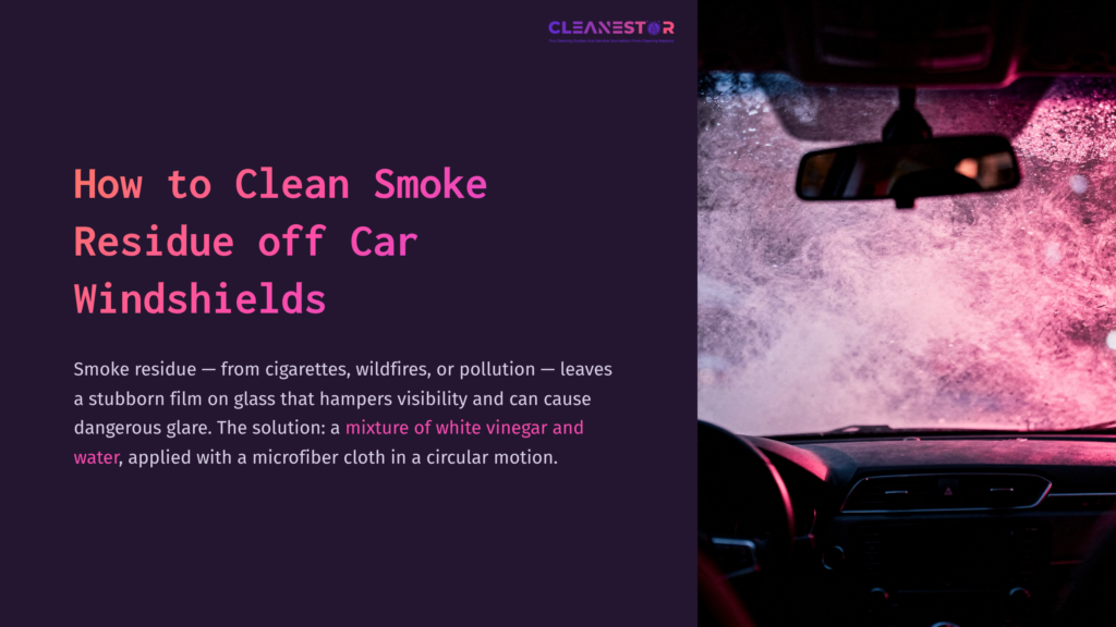 Car Interior Showing A Stained Windshield With Smoke Residue, Along With A Guiding Text On Cleaning Methods Using Vinegar And A Cloth.