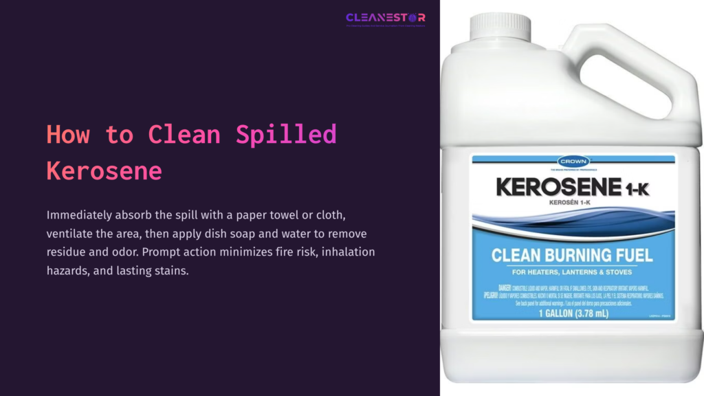White Plastic Container Of Kerosene With A Blue Label, Alongside Text Instructions For Cleaning Up Spilled Kerosene, Set Against A Purple Background.