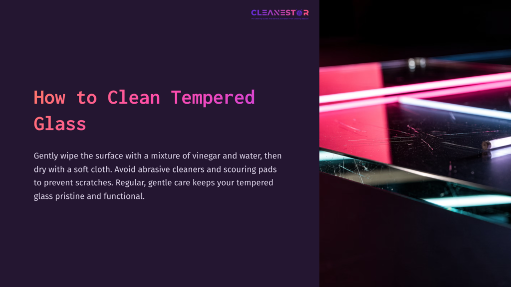Close-Up Of Glossy Tempered Glass Reflecting Vibrant Pink Neon Lights, Alongside Text Instructions For Cleaning With Vinegar And Water.