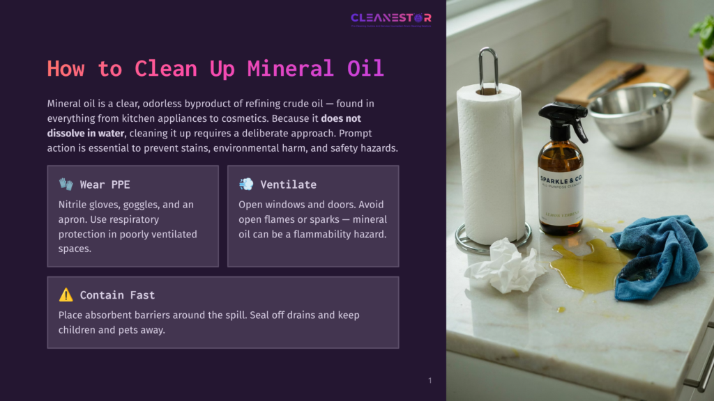 A Kitchen Counter With A Paper Towel Dispenser, A Spray Bottle Labeled &Quot;Sparkle &Amp; Co All Purpose Clean&Quot;, And A Blue Cloth Next To A Spill Of Yellow Mineral Oil. Instructions On How To Clean Up Mineral Oil Are Visible In The Background.