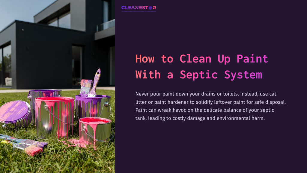 Two Paint Cans With Pink Paint And Brushes Are Placed Next To A Modern Building. The Text On The Left Gives Cleaning Tips For Septic Systems.