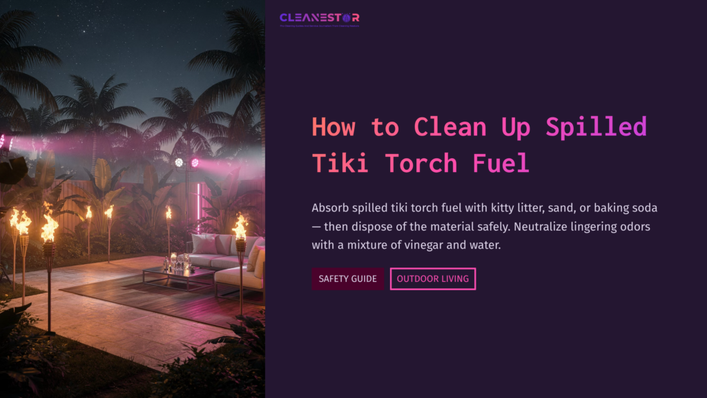 A Backyard Scene With Tiki Torches And Tropical Plants, Featuring A Safety Guide On Cleaning Spilled Tiki Torch Fuel.