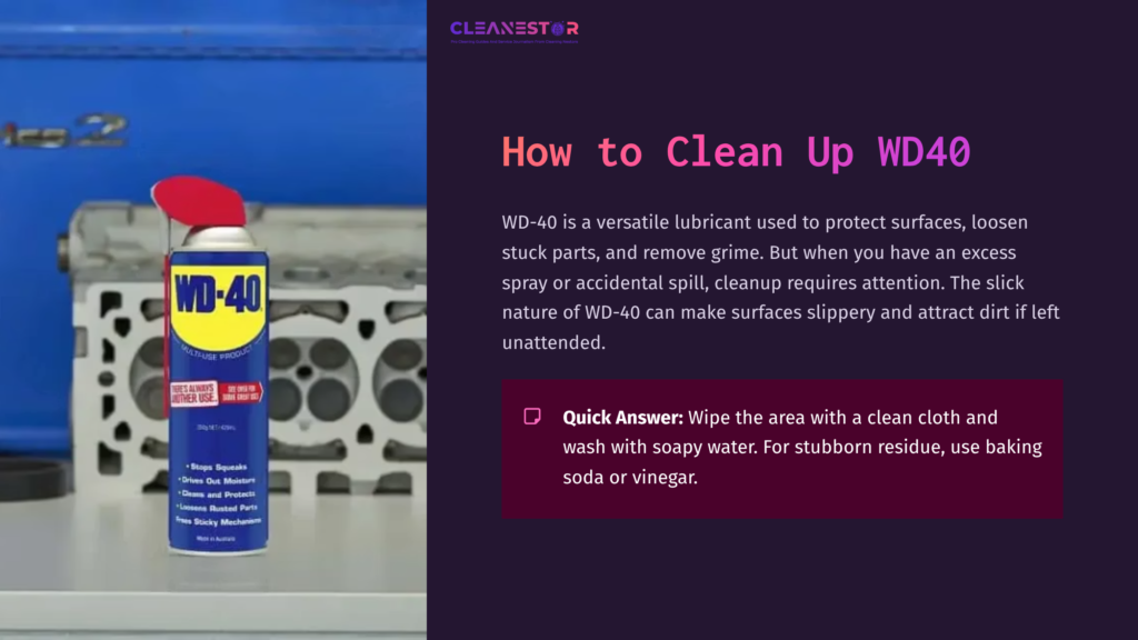 Bright Blue Wd-40 Spray Can With Yellow Accents On A Workbench, Alongside A Guide For Cleaning Up Spills, Featuring A Dark Background.