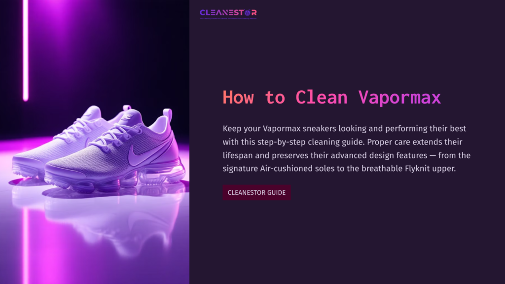White Nike Vapormax Sneakers On A Reflective Surface, Illuminated By Vibrant Purple Lighting, Alongside The Title &Quot;How To Clean Vapormax.&Quot;