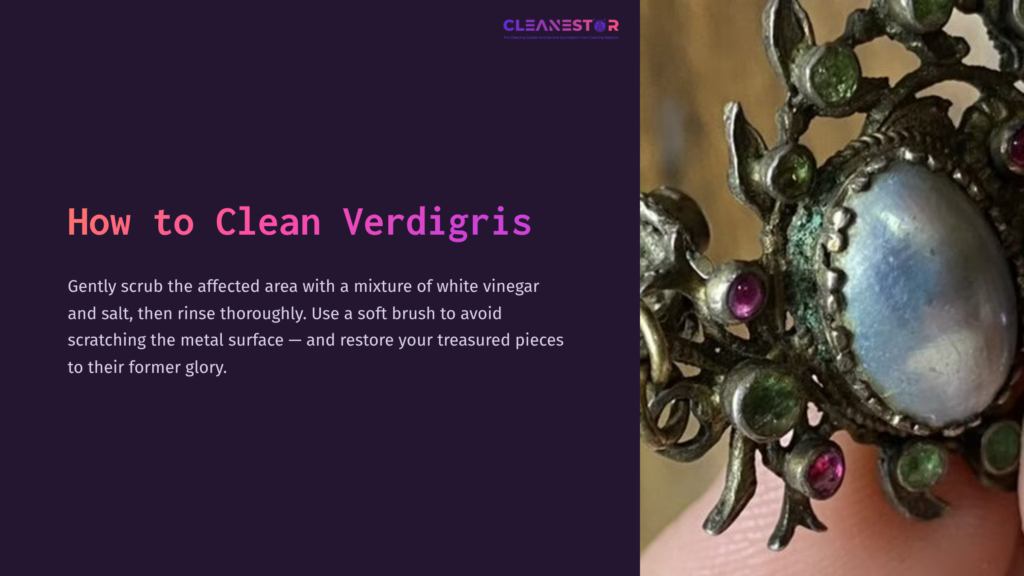 Close-Up Of A Tarnished Silver Pendant With Verdigris, Featuring Green Corrosion, Purple Gemstones, And A Shining Blue Center, Set Against A Dark Background.