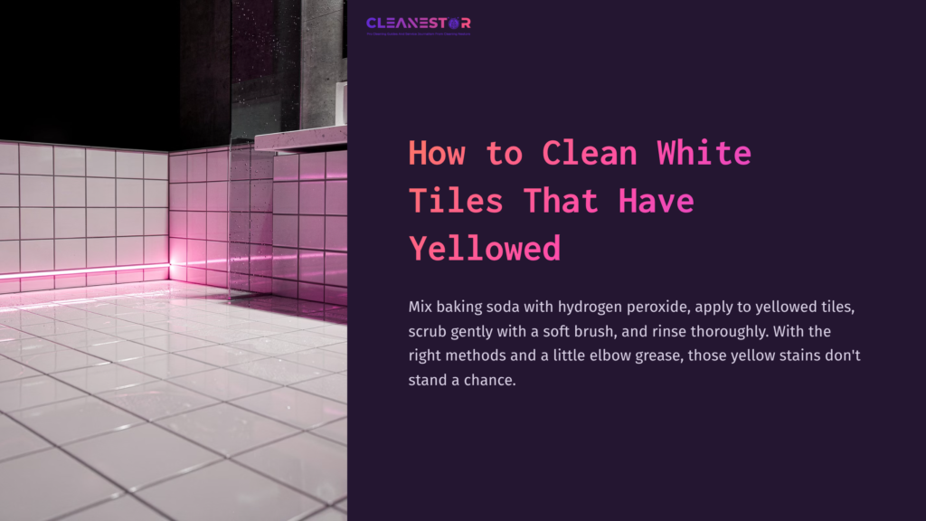 1 How To Clean White Tiles That Have Yellowed A Clean White Tiled Floor With A Slight Pink Hue, Featuring A Minimalist Setting And Informative Text On Cleaning Yellowed Tiles.