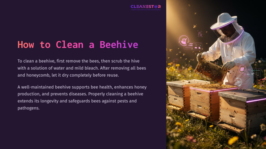 A Beekeeper In Protective Gear Inspects An Open Beehive Surrounded By Flowers, Highlighting The Process Of Cleaning Beehives.