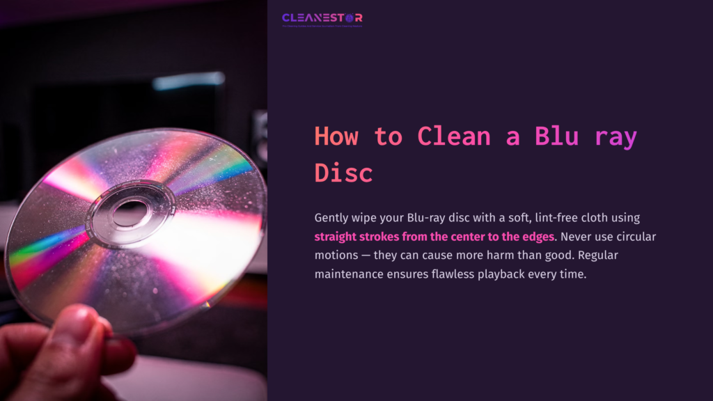 A Blu-Ray Disc With Visible Reflections And A Lint-Free Cloth Nearby, On A Dark Background, Illustrating Cleaning Instructions.
