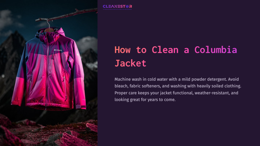 Colorful Columbia Jacket Hanging Against A Mountainous Backdrop, Showcasing Vibrant Pink And Purple Shades, With Text About Cleaning Instructions.
