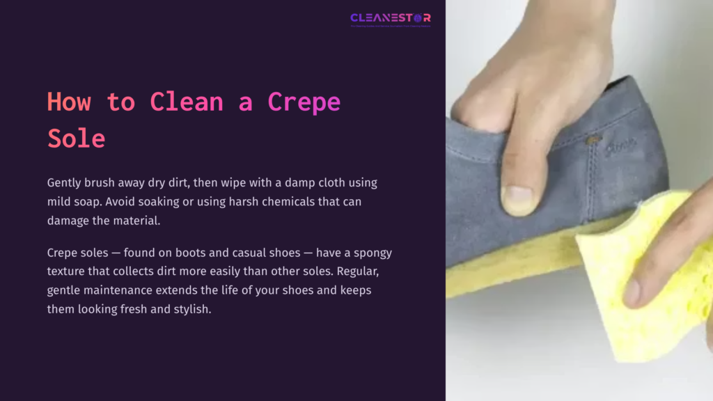 Hand Wiping A Grey Crepe Sole With A Damp Cloth, Against A Purple Background, Illustrating Shoe Cleaning Instructions.