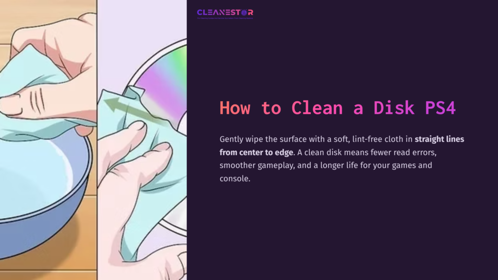 1 How To Clean A Disk Ps4 A Hand Wipes A Disc With A Soft Cloth, Showcasing A Colorful Cd And Instructions On Cleaning Ps4 Disks In A Clean Layout.