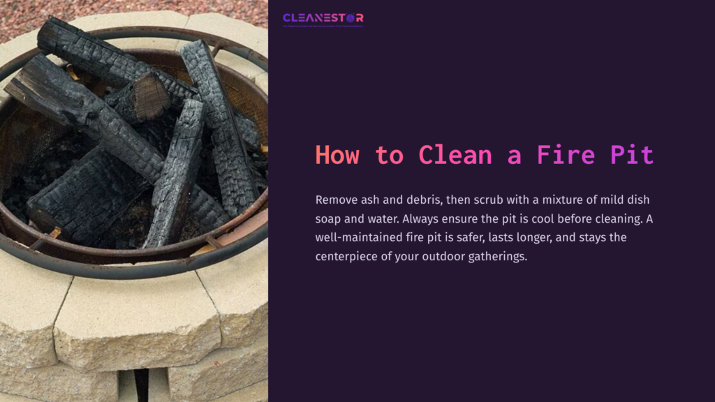 1 How To Clean A Fire Pit A Circular Stone Fire Pit Filled With Charred Logs And Ash, Surrounded By Gravel, With Instructions For Cleaning Displayed Alongside.