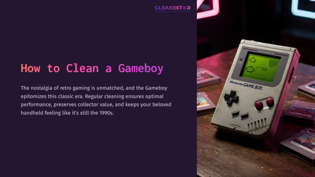 An Old Game Boy Console On A Wooden Table, With Colorful Game Cartridges Nearby And A Neon-Lit Background. Title Text Overlays.