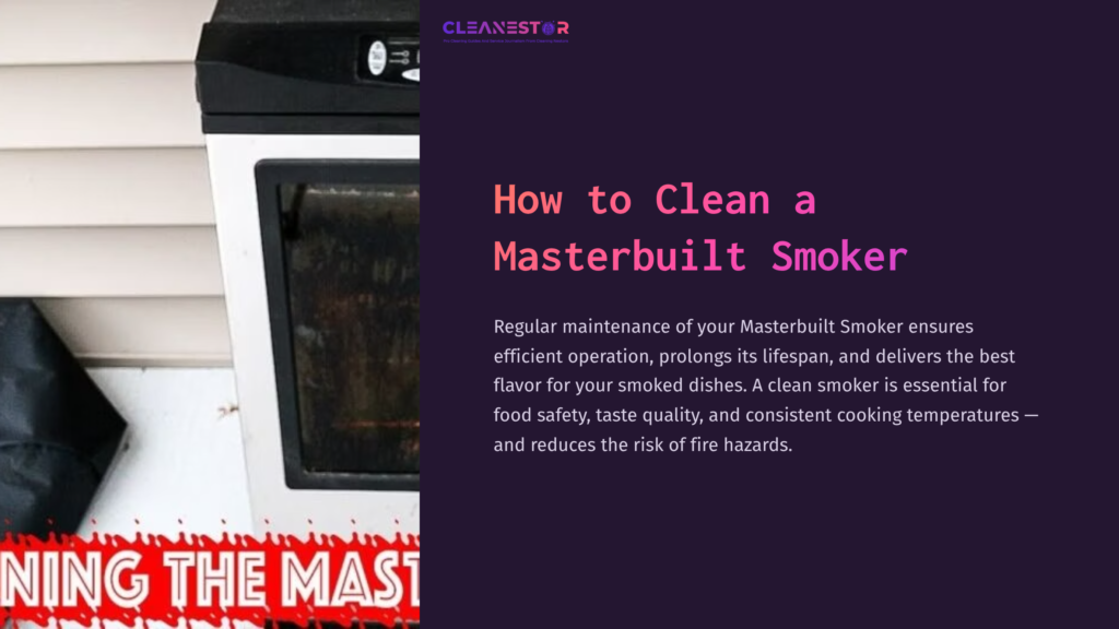 Masterbuilt Smoker On A Porch With A White Exterior, Featuring Controls And A Glass Front, Surrounded By Muted Colors And Text.