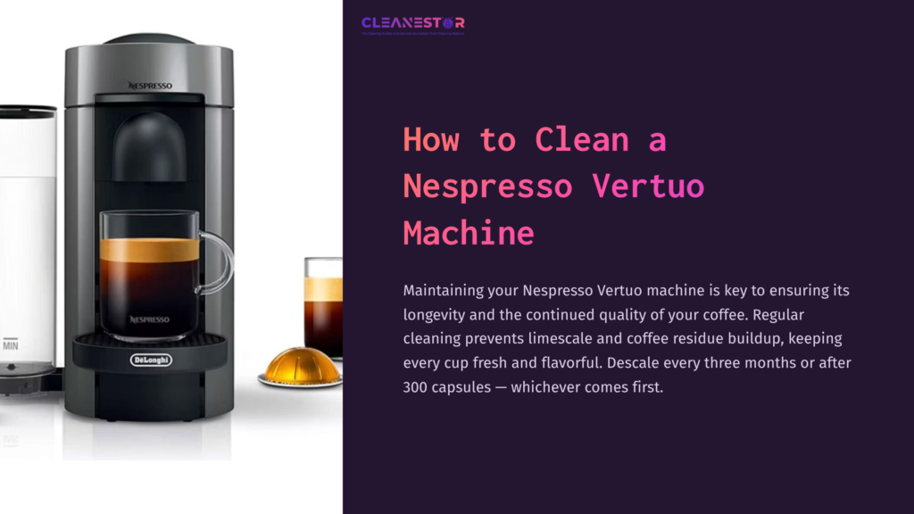 Nespresso Vertuo Machine In Sleek Black And Silver, With A Cup Of Coffee And A Coffee Pod Displayed Nearby, Against A Dark Background.