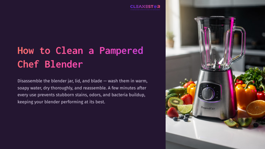 A Silver Pampered Chef Blender Sits Beside Colorful Fruits And Vegetables, With A Dark Purple Background And Cleaning Tips Text.
