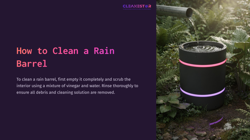 A Dark Rain Barrel With A Purple Stripe Is Partially Filled With Water, Placed In A Garden Setting With Greenery Around.