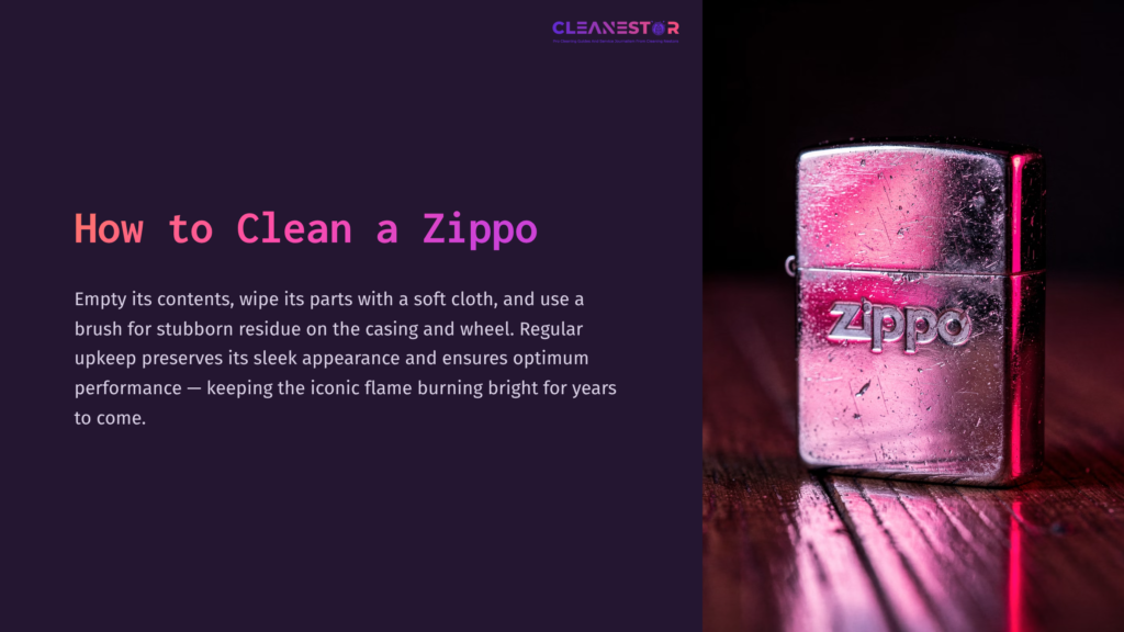 Silver Zippo Lighter On A Wooden Surface, Reflecting Light, With Pink And Purple Hues In The Background; Text Reads &Quot;How To Clean A Zippo.&Quot;