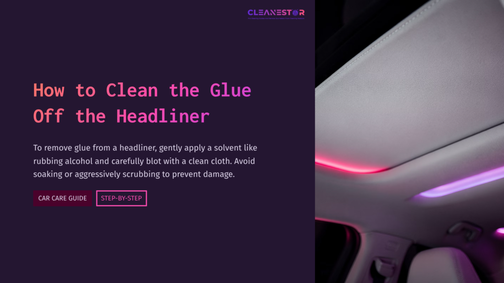 Purple Background With White And Pink Text Describing Glue Removal From A Headliner, Featuring A Close-Up Of A Car'S Interior Ceiling With Ambient Lighting.