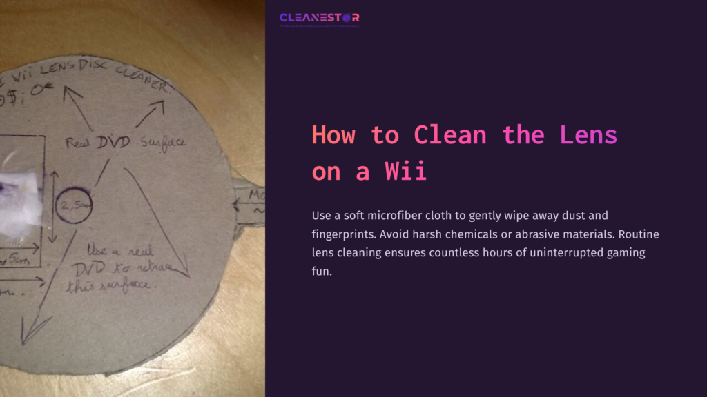 Diagram Showing A Wii Lens Cleaning Guide With Annotations. Includes A Triangle And Circular Disc Labeled With Instructions And Warnings.