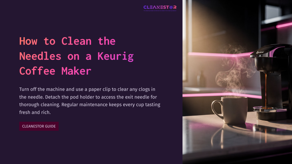 Keurig Coffee Maker In A Dimly Lit Setting With A Guide Title. Vibrant Purple Text Highlights Needle Cleaning Instructions.
