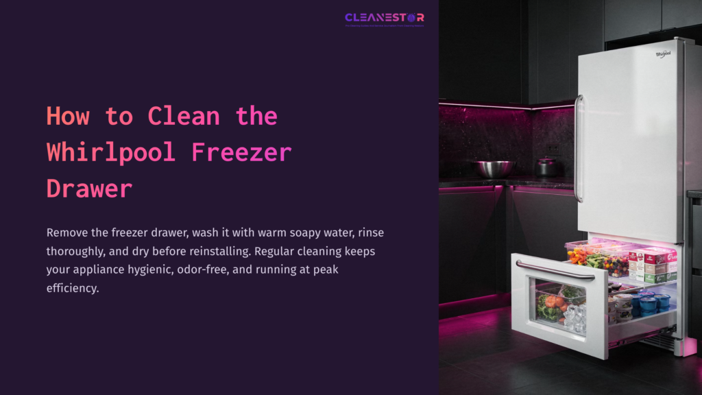 1 How To Clean The Whirlpool Freezer Drawer 1 Whirlpool Freezer Drawer Open, Revealing Storage Space, With A Sleek Black Kitchen Backdrop And Purple Accent Lighting.