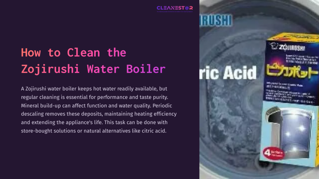 A Zojirushi Water Boiler With Visible Mineral Buildup, Accompanied By A Product Label For Citric Acid, Set Against A Dark Background.