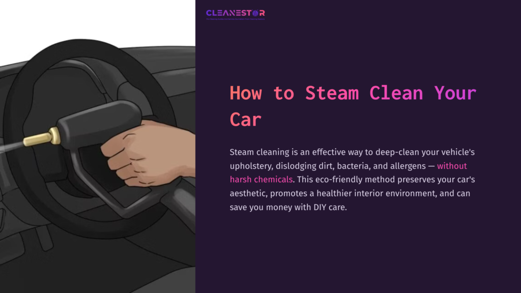 Hand Holding A Steam Cleaner Nozzle, Focused On A Car'S Steering Wheel, Highlighting A Cleaning Method For Vehicle Interiors.