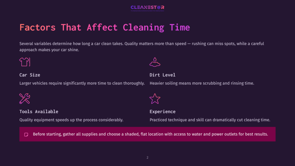 Factors That Affect Car Cleaning Time: Car Size, Dirt Level, Tools Available, And Experience. A Purple Graphic With White Text Lists Key Elements Influencing Car Wash Duration.