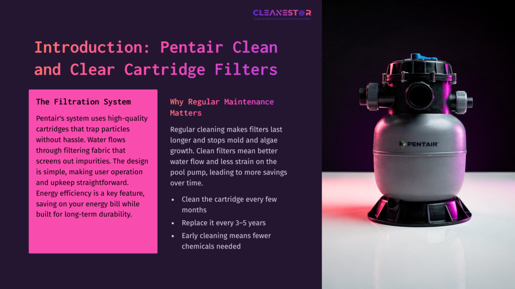 Pentair Clean And Clear Cartridge Filter On A Dark Background, Featuring A Gray And Black Filter Unit With Bold Text Explaining Maintenance.