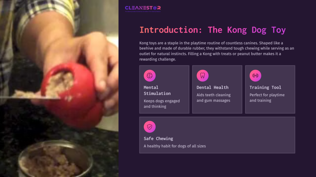 2 Introduction The Kong Dog Toy Hand Fills A Red Kong Dog Toy With Dog Food, Next To A Bowl. Informative Text Outlines Benefits Like Mental Stimulation And Dental Health.