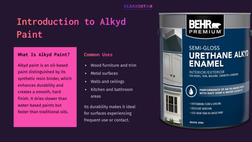 2 Introduction To Alkyd Paint A Purple And Pink Graphic Features A Behr Paint Can Labeled &Quot;Semi-Gloss Urethane Alkyd Enamel&Quot; Alongside Text Explaining Alkyd Paint'S Uses.