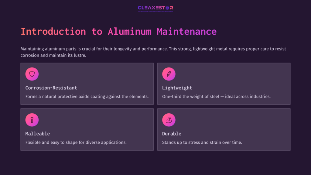 Four Purple Boxes Detailing Aluminum Maintenance Benefits: Corrosion-Resistant, Lightweight, Malleable, And Durable, With Icons And Pink Accents.