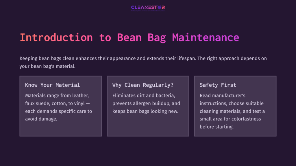 Text On A Purple Background Detailing Bean Bag Maintenance, Including Sections On Material Care, Cleaning Importance, And Safety Tips.