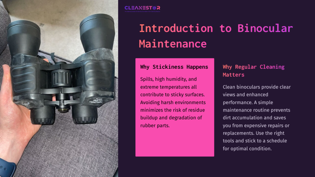 A Pair Of Black Binoculars Held In A Hand, With A Purple And Pink Background. Text Discusses Maintenance And Cleaning Importance.