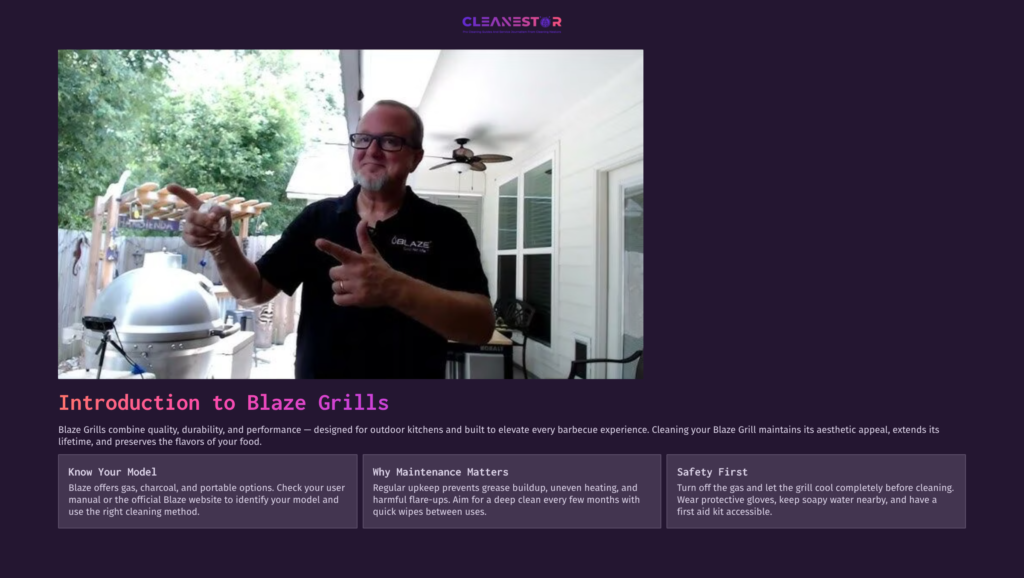 Man Holding A Grill Brush, Demonstrating Cleaning Techniques, With A Blaze Grill And A Patio Setting In The Background.