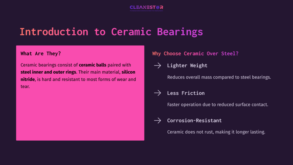 Text On A Dark Background Discusses Ceramic Bearings, Highlighting Benefits Like Lighter Weight, Less Friction, And Corrosion Resistance.