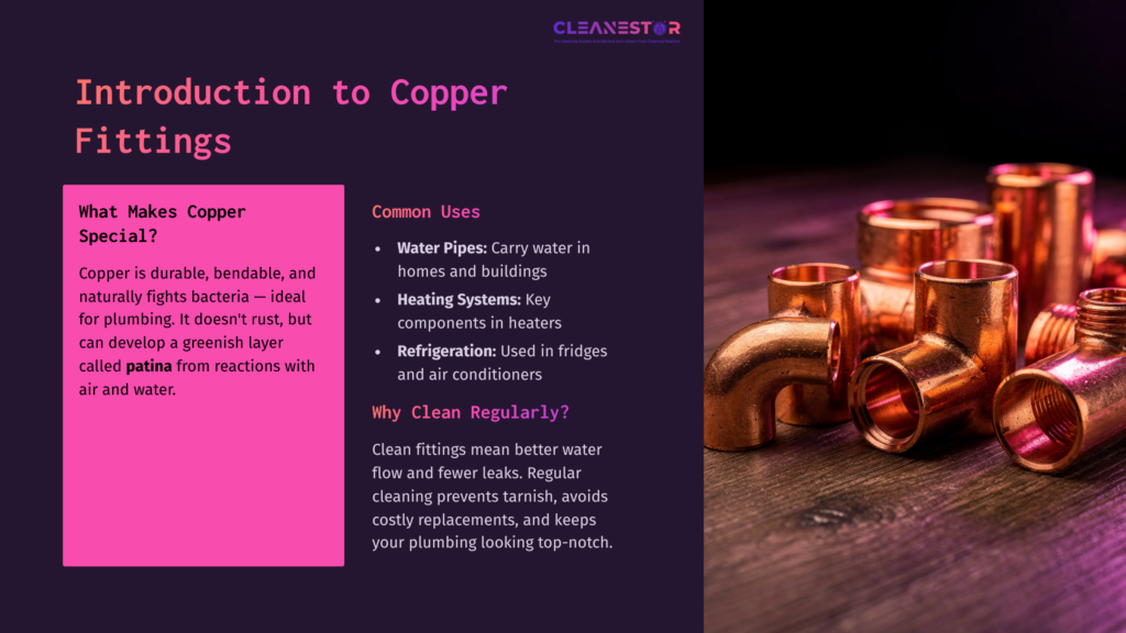 Copper Fittings In Various Shapes, Showcasing A Shiny Copper Finish. Background Features Purple And Black Elements With Text On Copper Uses And Cleaning Tips.
