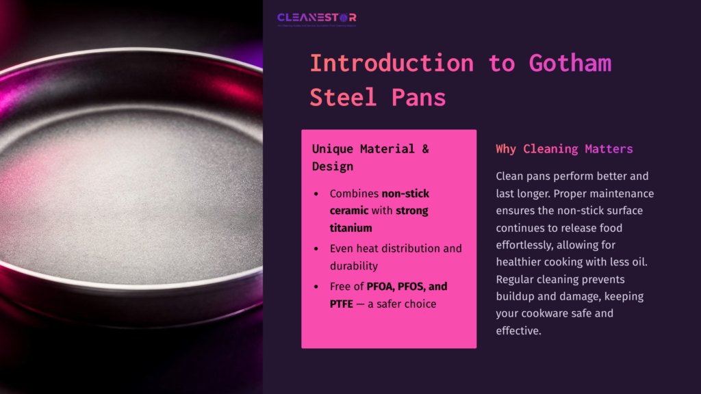 2 Introduction To Gotham Steel Pans Black Gotham Steel Pan On A Gradient Background. Text Highlights Cleaning Importance, Material Design, And Health Safety Details.