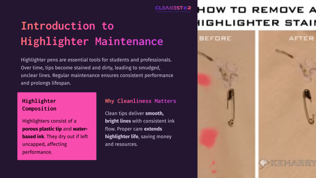A Split Image Showing A Dirty And Clean Highlighter Tip, With Text Highlighting The Importance Of Highlighter Maintenance In Purple And Pink.