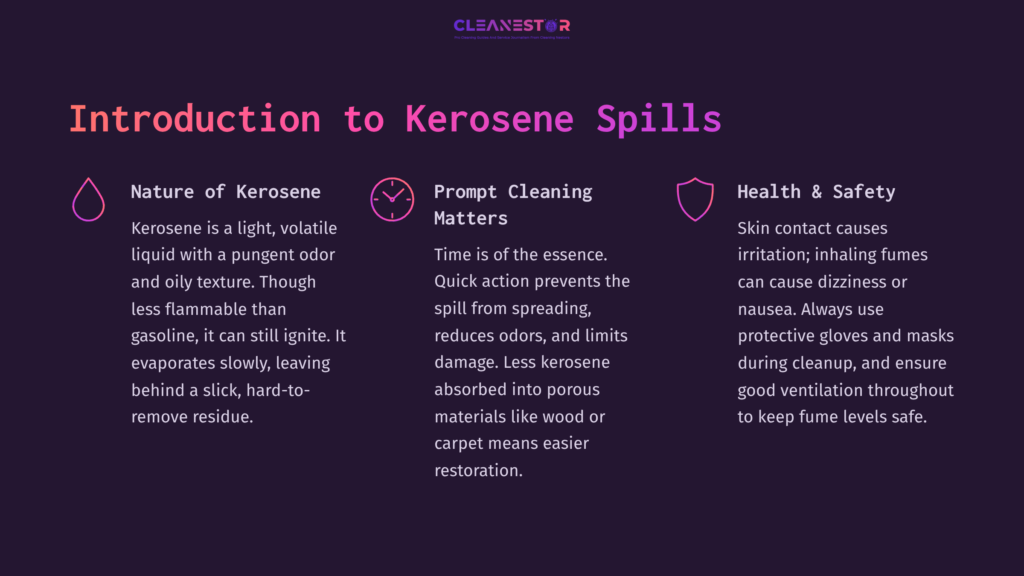 Text On A Dark Purple Background Discusses Kerosene Spills, Emphasizing Prompt Cleaning, Health Risks, And Effective Restoration Tips.